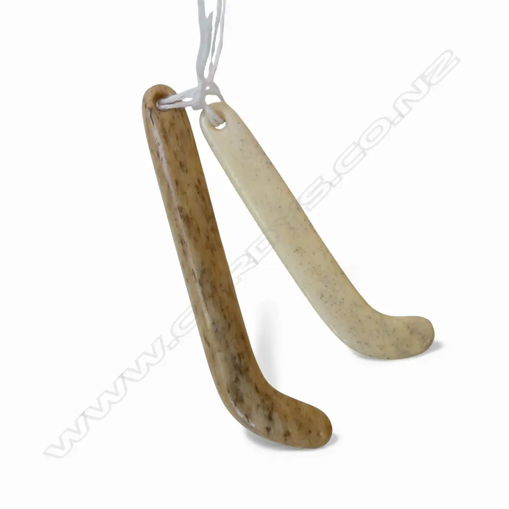 2 David Tuart carved whalebone Maori kapeu pendants. L.85 & 70mm. Image 1++