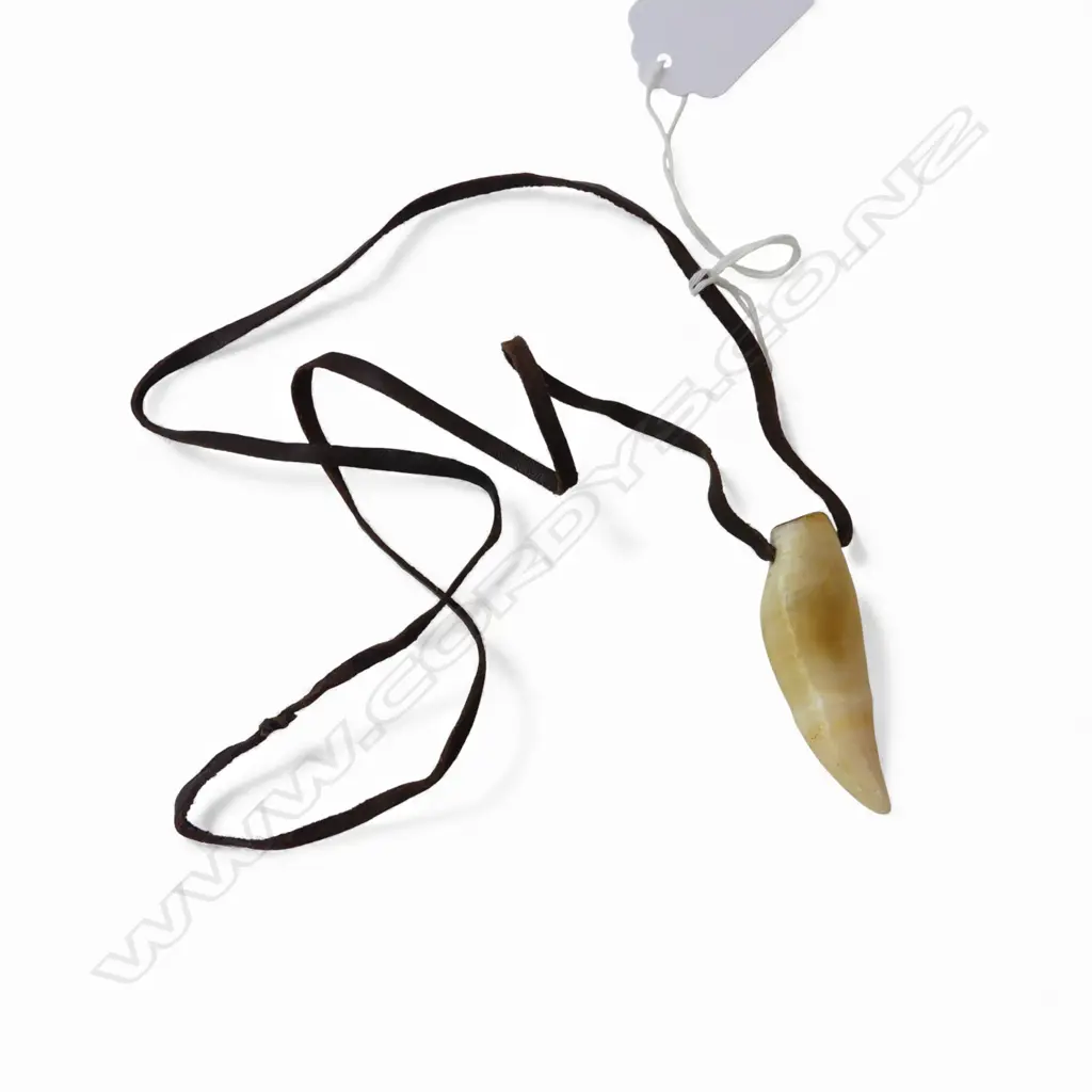 David Tuart small polished whale tooth pendant. Drilled suspension hole and with leather cord. Tooth length 51mm Image 1++