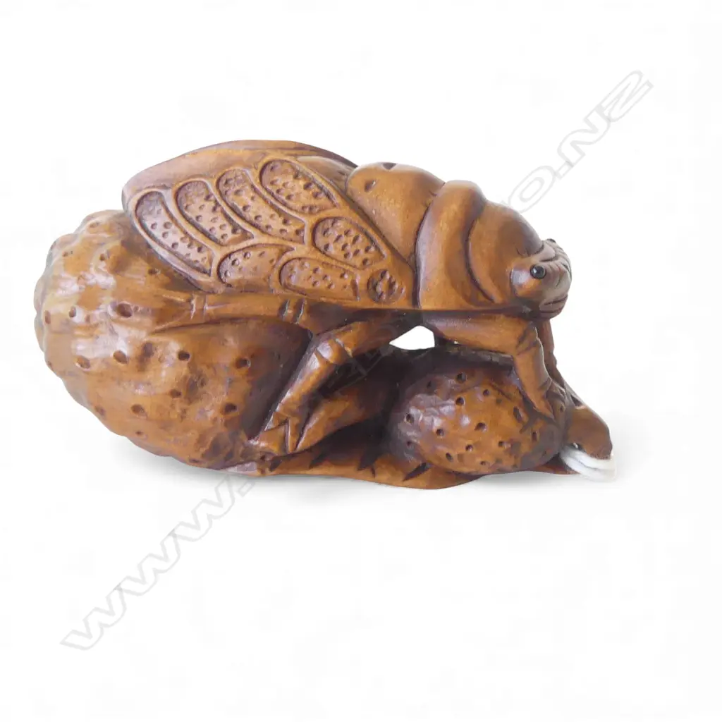 CARVED WOOD NETSUKE CICADA L.65mm Image 1++