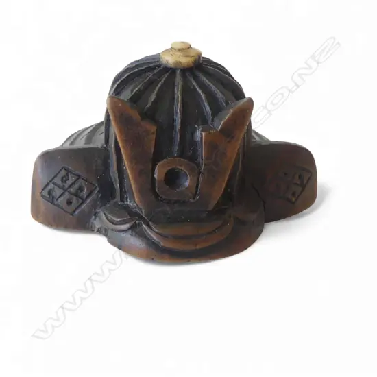 MEIJI PERIOD WOOD NETSUKE kabuto, with ivory section, signed W.40mm