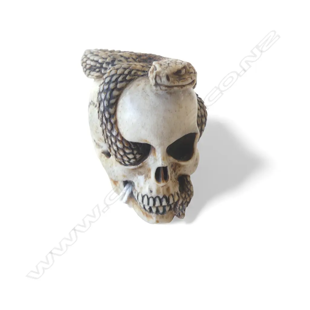 JAPANESE BONE OKIMONO skull & snake, signed H.47mm Image 1++