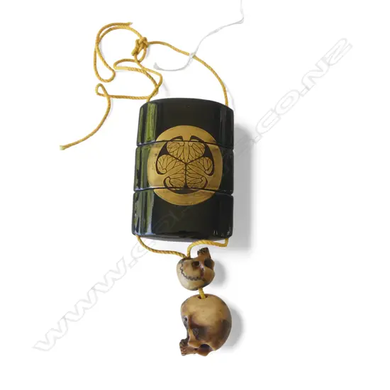 JAPANESE SAMURAI INRO with 2 bone netsuke skulls, one signed L.67mm