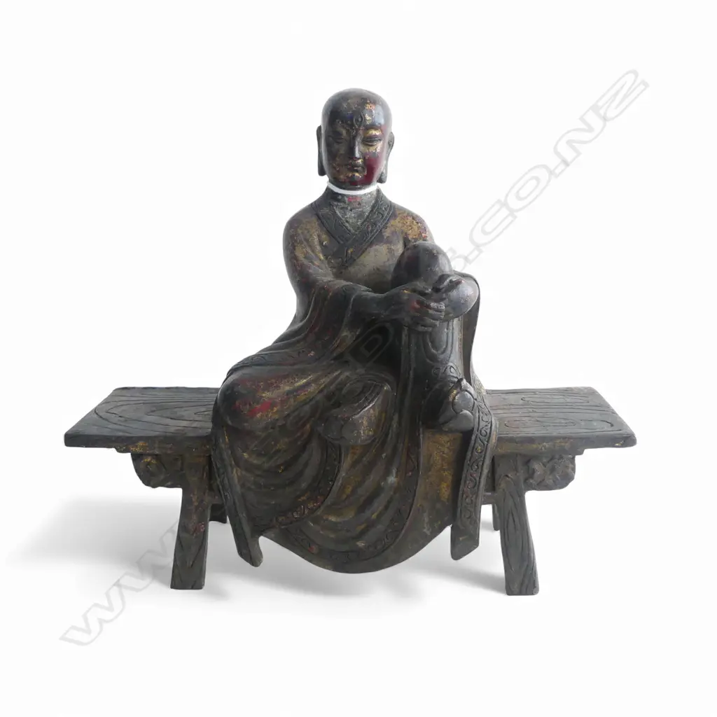 ORIENTAL GILT METAL MONK ON BENCH W.220mm H.195mm Image 1++