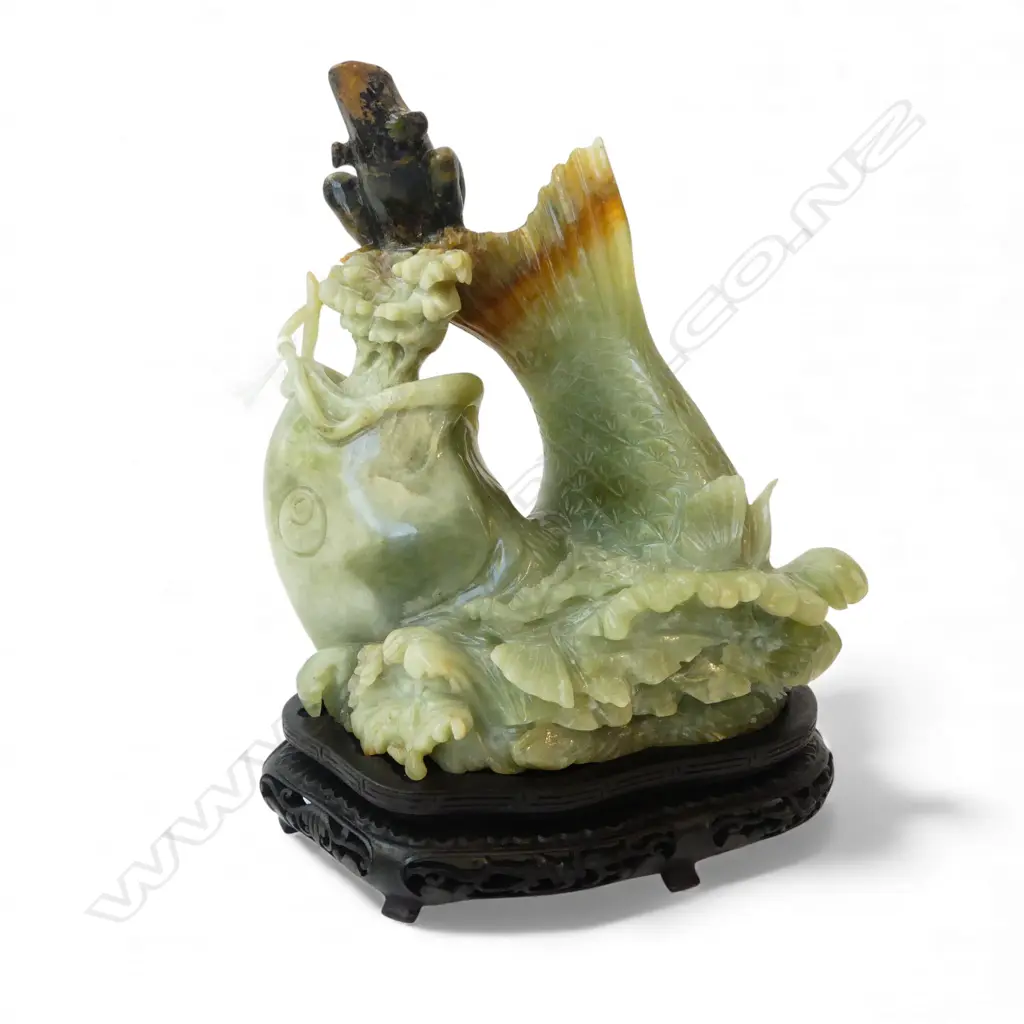 CHINESE CARVED JADE FISH & FROG ON WOOD STAND H210MM Image 1++