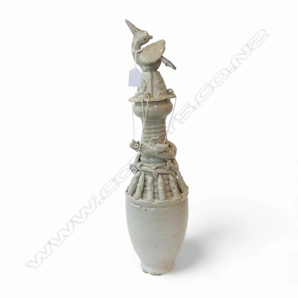 ANTIQUE CHINESE CELEDON DRAGON VASE WITH BIRD LID SOME FAULTS H540MM Image 1++