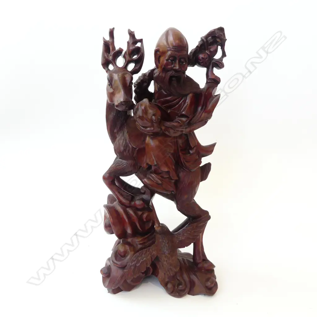 CHINESE WOOD CARVED FIGURE WITH DEER & BIRD  H370MM Image 1++