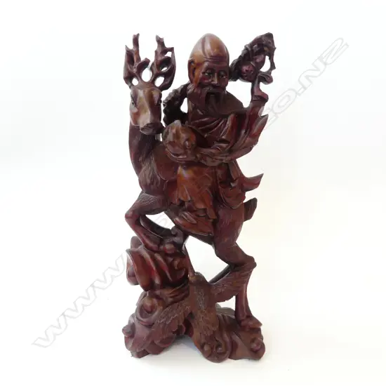 CHINESE WOOD CARVED FIGURE WITH DEER & BIRD  H370MM