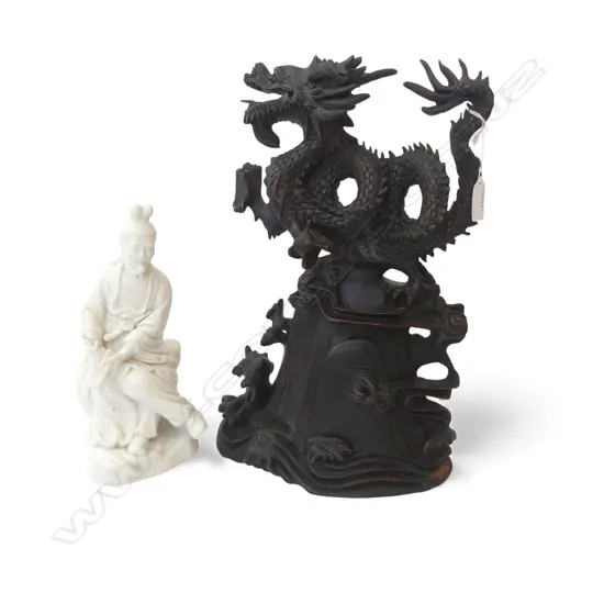 CHINESE BLANC DE CHINE FIGURE MAN MAKING NETS H240 & DRAGON FIGURE H370MM