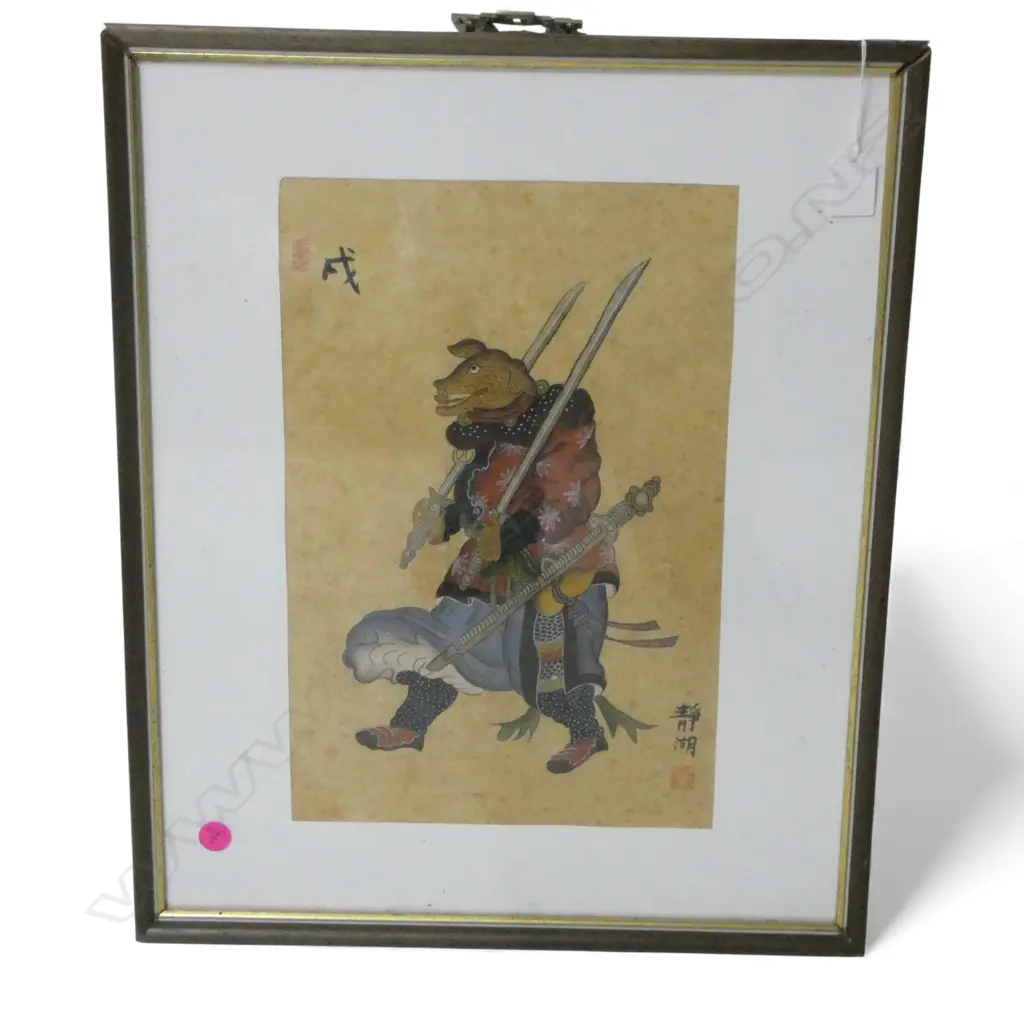 HAND COLOURED FRAMED CHINESE WOODBLOCK  YEAR OF THE PIG H400 W250MM Image 1++