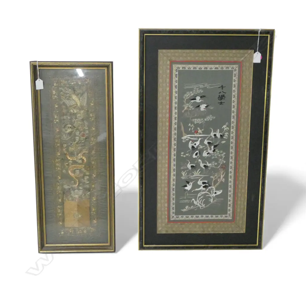 2 FRAMED ORIENTAL EMBROIDERIES H770MM STORKS  650MM DRAGON one unglazed Image 1++