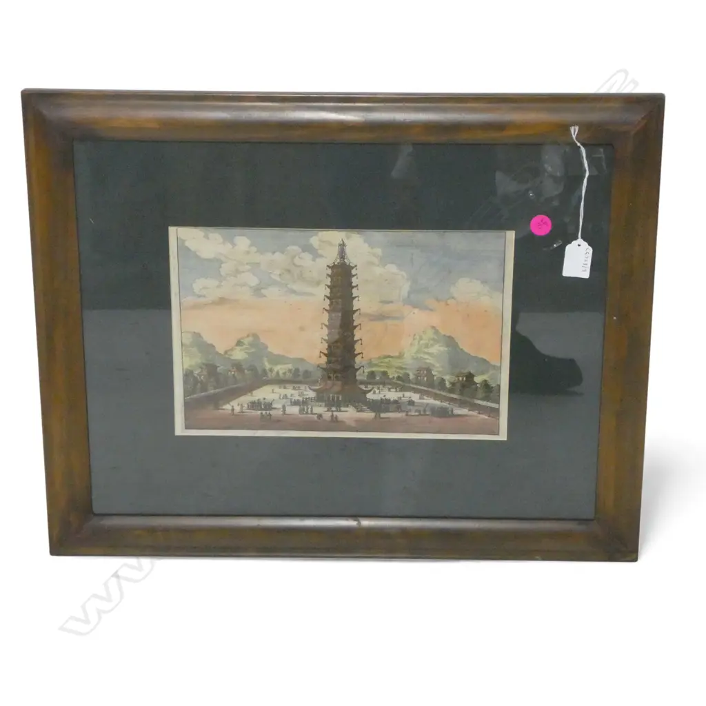 HAND COLOURED FRAMED CHINESE ENGRAVING PAGODA  Image 1++