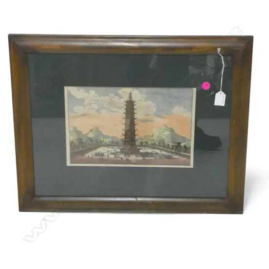 HAND COLOURED FRAMED CHINESE ENGRAVING PAGODA 