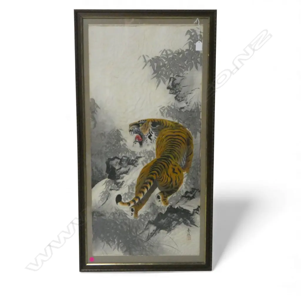 FRAMED JAPANESE W/C ON SILK TIGER IN BAMBOO SIGNED H900 W440MM Image 1++