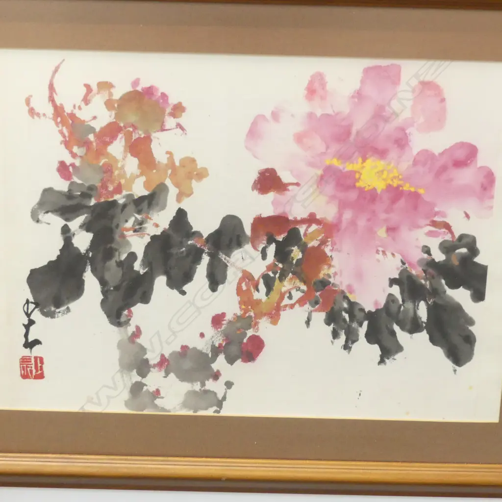 2 CHINESE WATERCOLOUR PAINTINGS florals & dragonfly with calligraphy 295 x 410mm  Image 1++