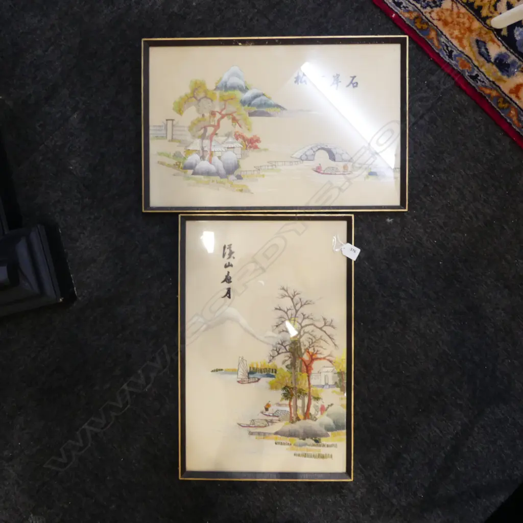 2 VINTAGE CHINESE EMBROIDERED STITCHED ARTWORKS coastal landscapes 500 x 300mm Image 1++