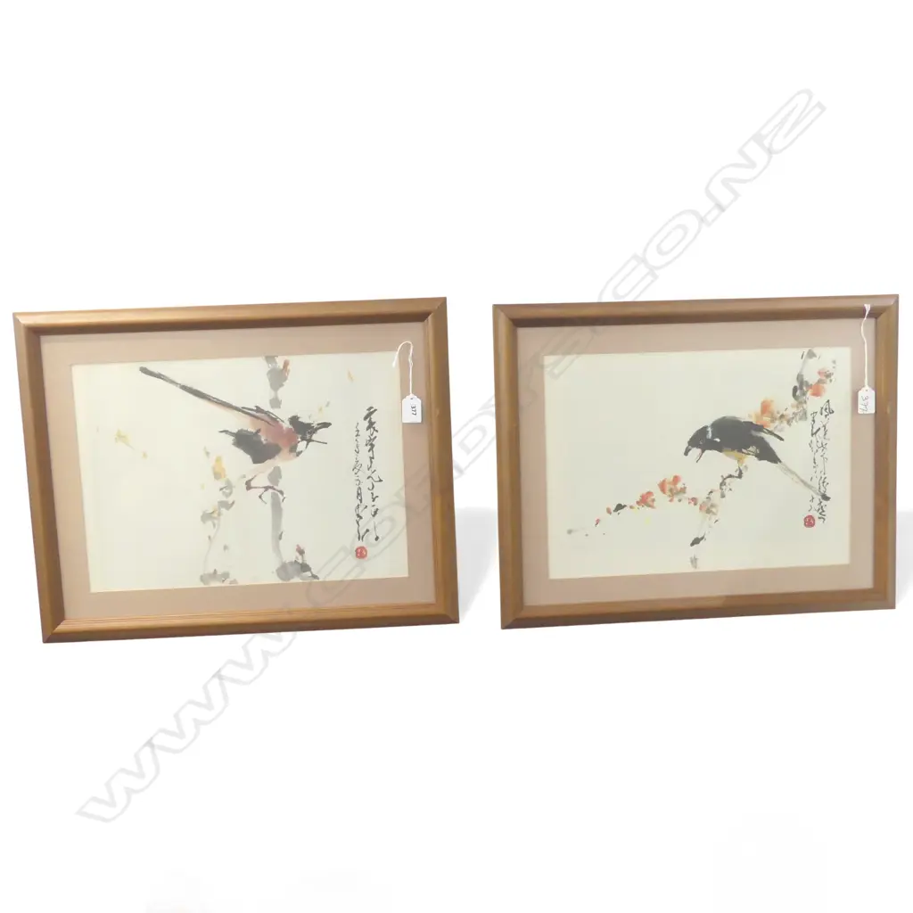 2 CHINESE WATERCOLOUR PAINTINGS BIRDS ON BRANCH with calligraphy 295 x 410mm  Image 1++
