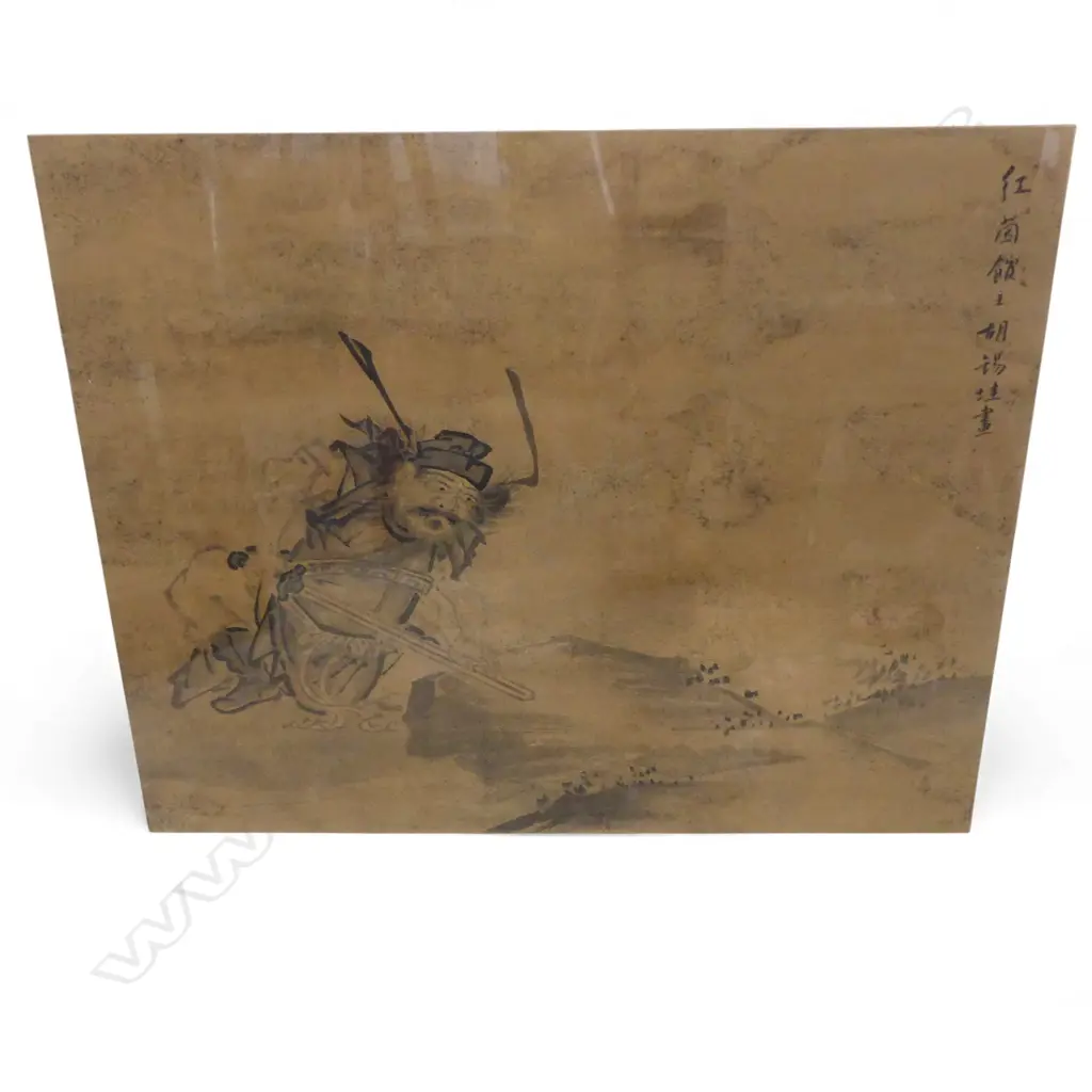 HU HSI-KUIE WATERCOLOUR PAINTING warrior with sword reputedly Ch'ing dynasty 400 x 460mm. Framed under glass Image 1++