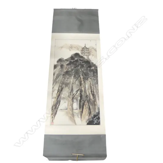 SIGNED CHINESE SCROLL INK & COLOUR SHRINE IN PINE FOREST L 106CM X52CM