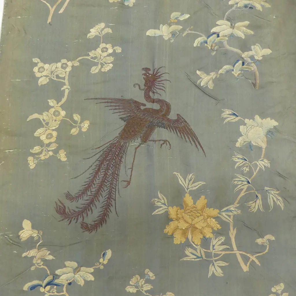 ANTIQUE CHINESE SILK WALL HANGING FIGHTING COCKS SOME DISTRESS L1900 W750MM Image 1++