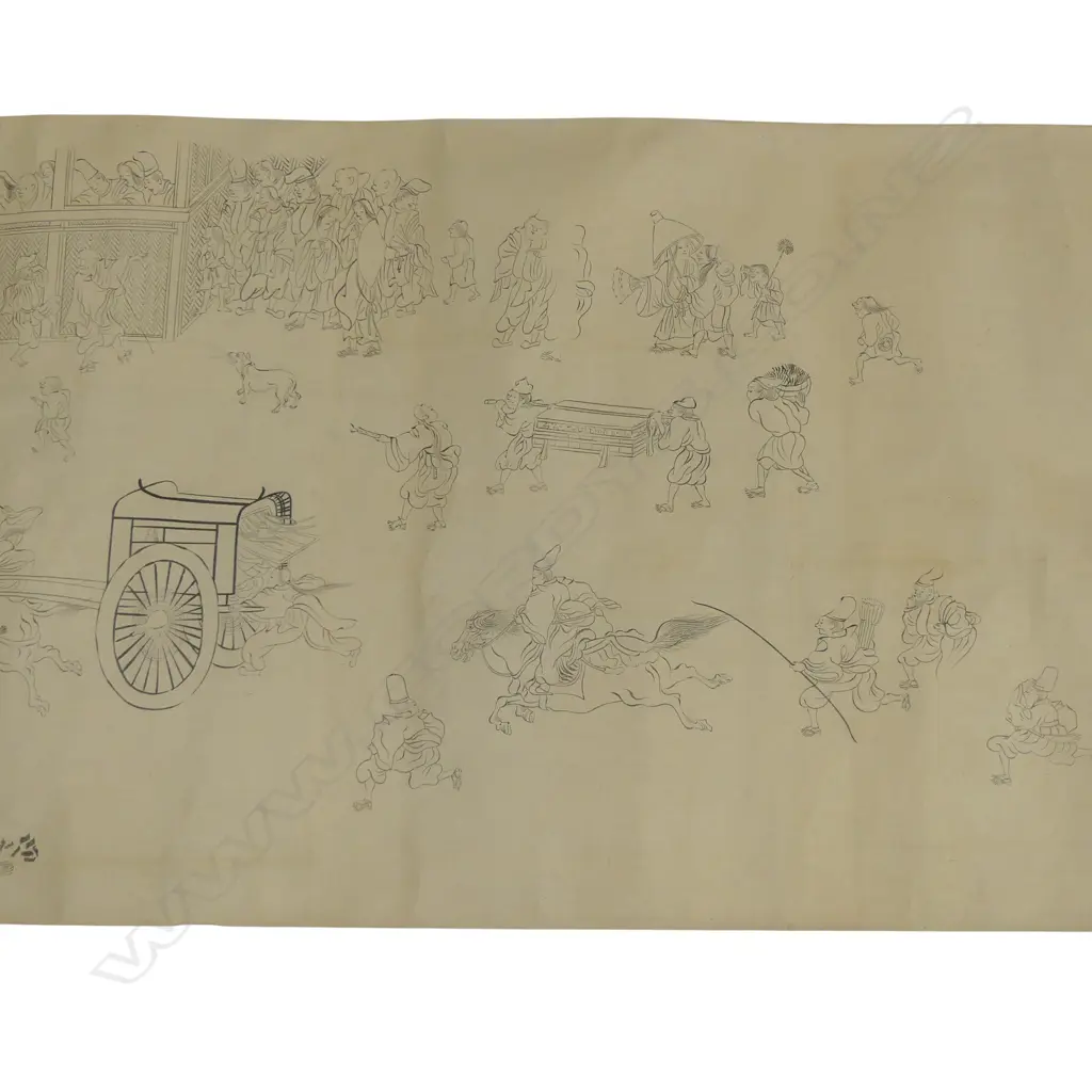 ANTIQUE KAKIMONO IN SUMI SCROLL ON PAPER PEOPLE SCENES L10000MM W490MM Image 1++