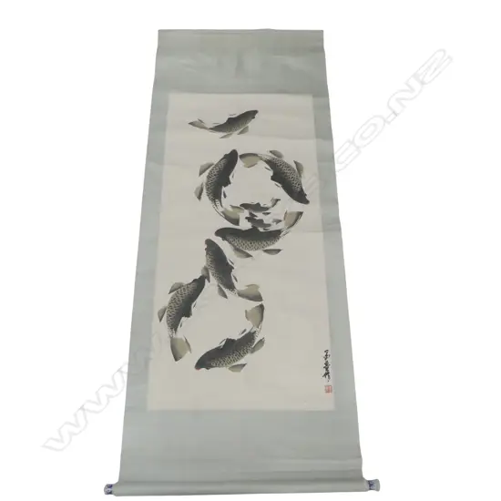 SIGNED VINTAGE ORIENTAL SCROLL CARP SWIMMING L1850 W750MM