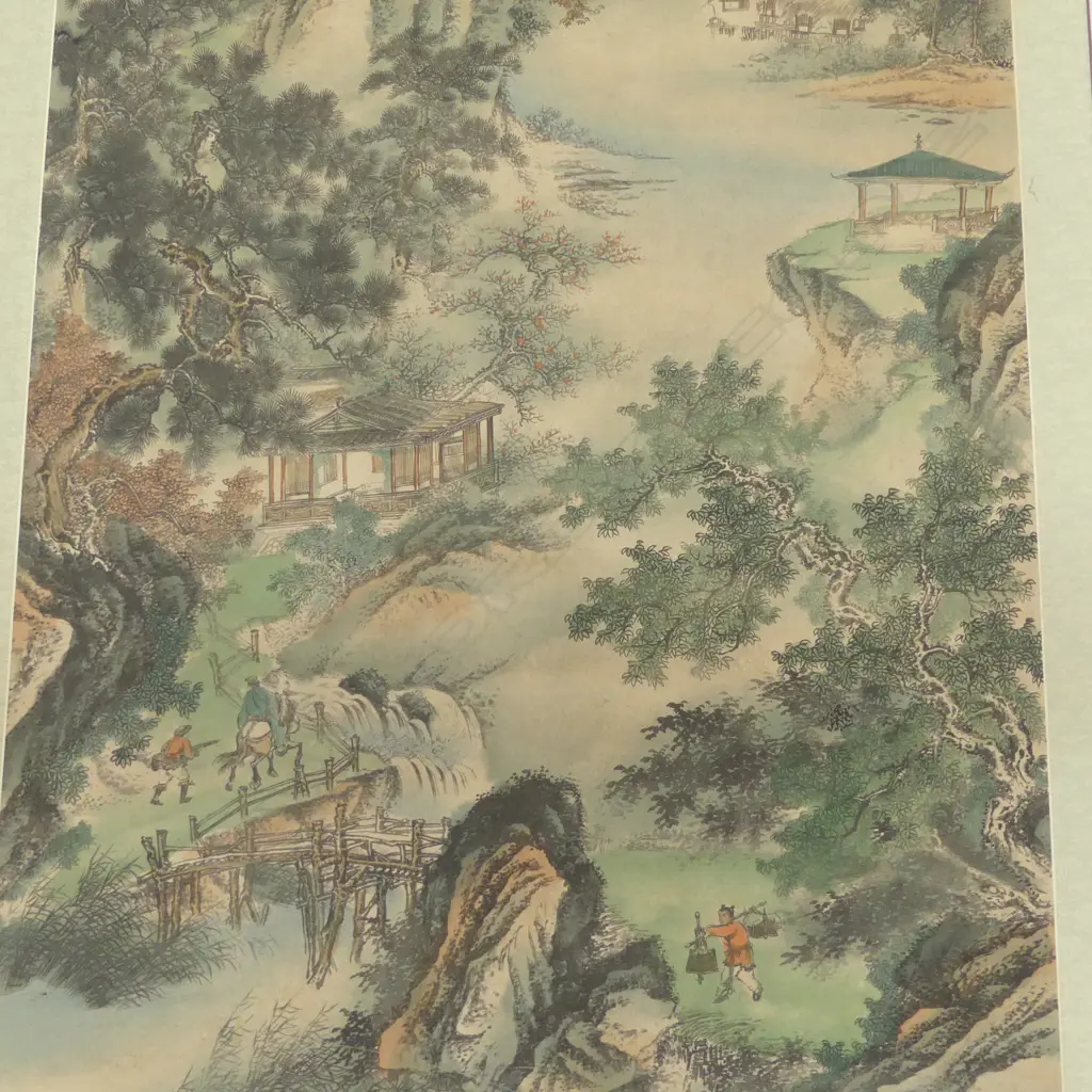 SIGNED VINTAGE CHINESE PAINTED SCROLL ON INK MOUNTAIN SCENE L1930 W720MM Image 1++