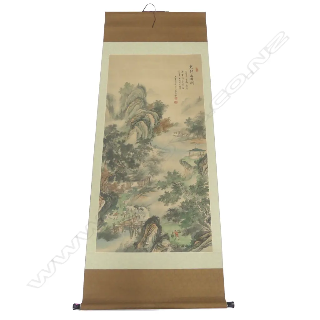 SIGNED VINTAGE CHINESE PAINTED SCROLL ON INK MOUNTAIN SCENE L1930 W720MM Image 1++