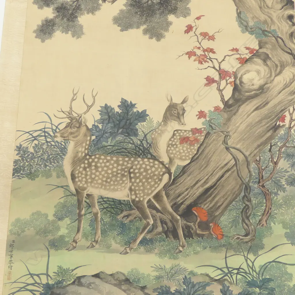 SIGNED VINTAGE CHINESE SCROLL 2 DEER IN FOREST  L1400 W730MM Image 1++