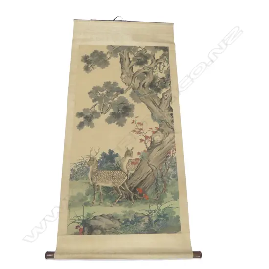 SIGNED VINTAGE CHINESE SCROLL 2 DEER IN FOREST  L1400 W730MM