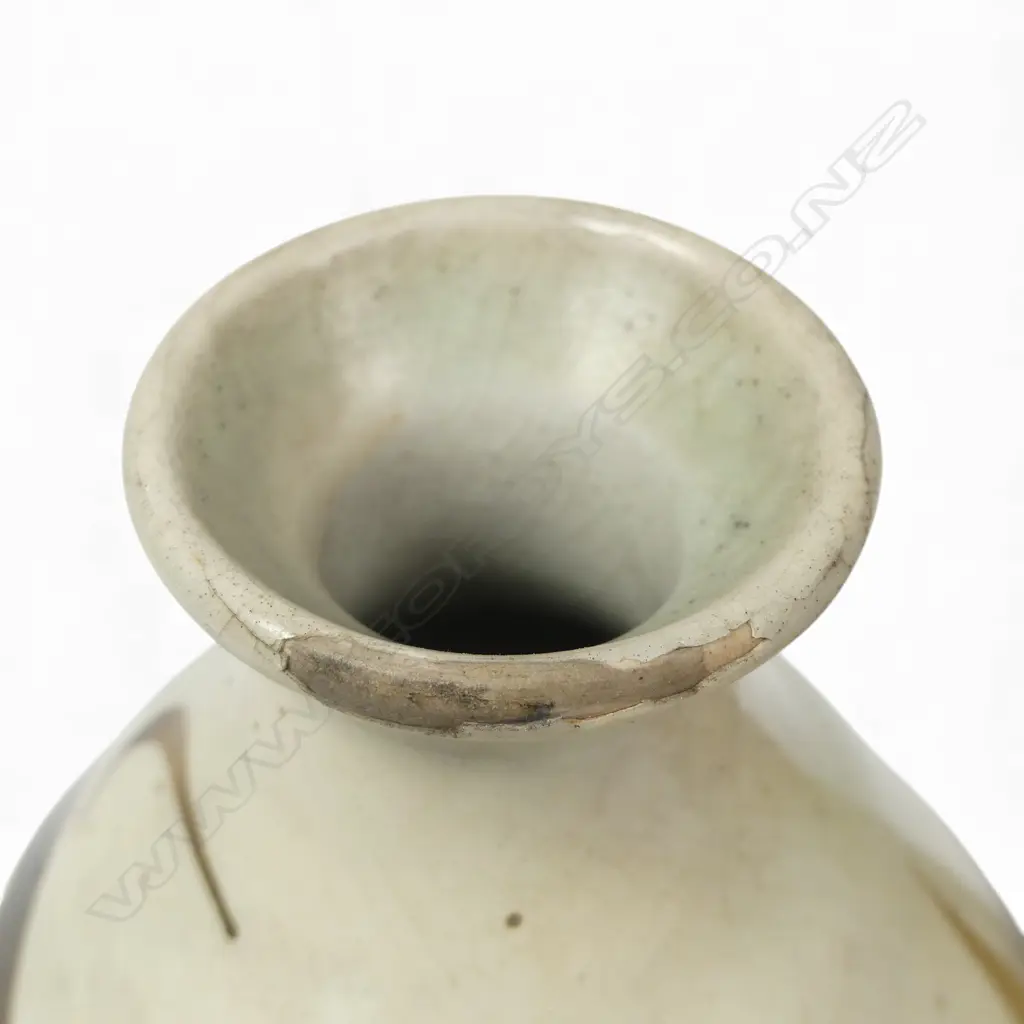 TWO ASIAN STONEWARE PCS; JAPANESE VASE w VERTICAL STRIATIONS (H.130mm) & KOREAN BOTTLE, SLIP DECORATION (H.150mm) faults Image 1++