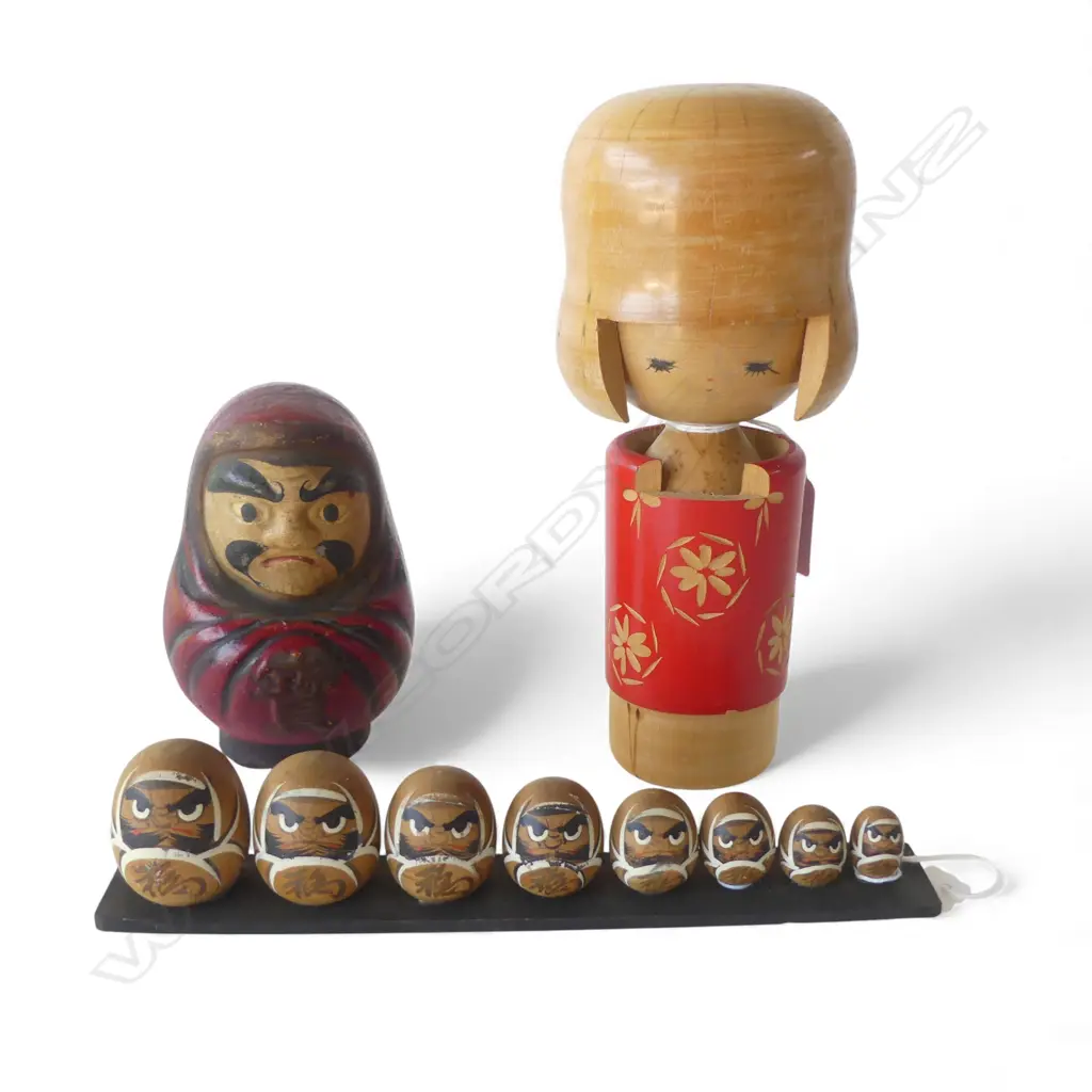 3 PCS JAPANESE; ANTIQUE CERAMIC DARUMA FIG. (good luck) H.120mm, MID CENT. KOKESHI DOLL red stamp & ROW DARUMA FIGS Image 1++