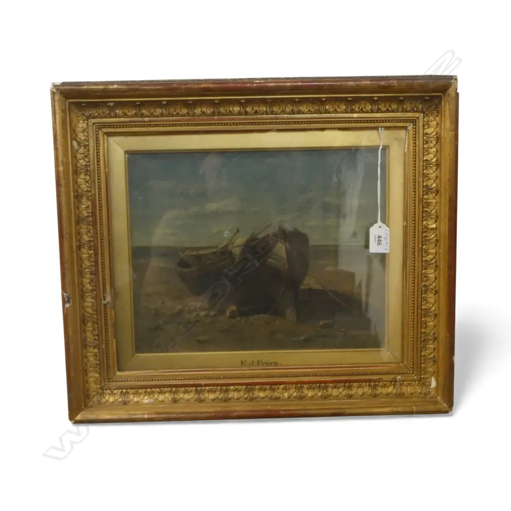 EDOUARD FRERE (FRENCH, 1819-1886) 'BOAT AT ST. VALERY' OIL ON CANVAS, SIGNED & DATED '05 245x310mm Image 1++