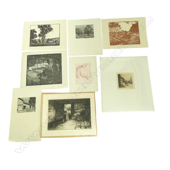 GROUP OF WOODCUTS AND ETCHINGS INCL. ALEXANDER MCLINTOCK (SIGNED) SAM CAIRNCROSS K W HASSALL (X 5) AND INITIALLED B.C