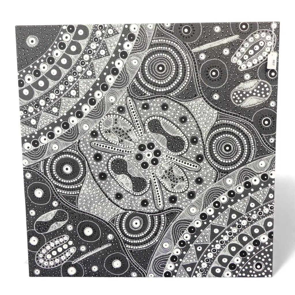 ABORIGINAL ARTWORK, SIGNED & CANVAS STAMPED VERSO 'SUPPLIED BY MBANTUA GALLERY' 600x600mm Image 1++