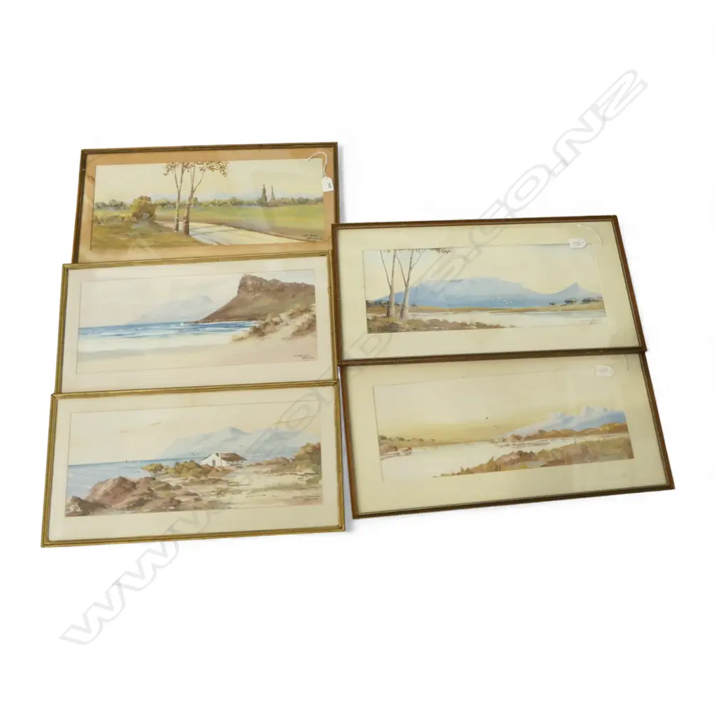 SET 5 GOUACHE PAINTINGS BY H. ANDERSON (South African): Near Caledon + Cape Flats + Table Mountainetc 200 x 500mm approx Image 1++