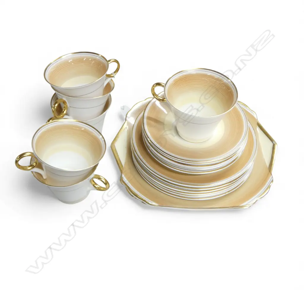 SHELLEY CHINA TEASET 6 CSPS & 2 CAKE PLATES TAN DECO PAT Image 1++
