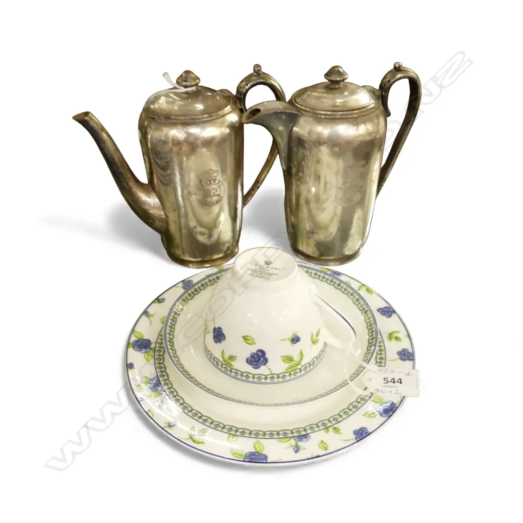 VINTAGE COFFEE & HOT WATER POTS EX BELLAMYS (both inscribed 'BELLAMYS') + COALPORT BLUE BELLE TRIO Image 1++