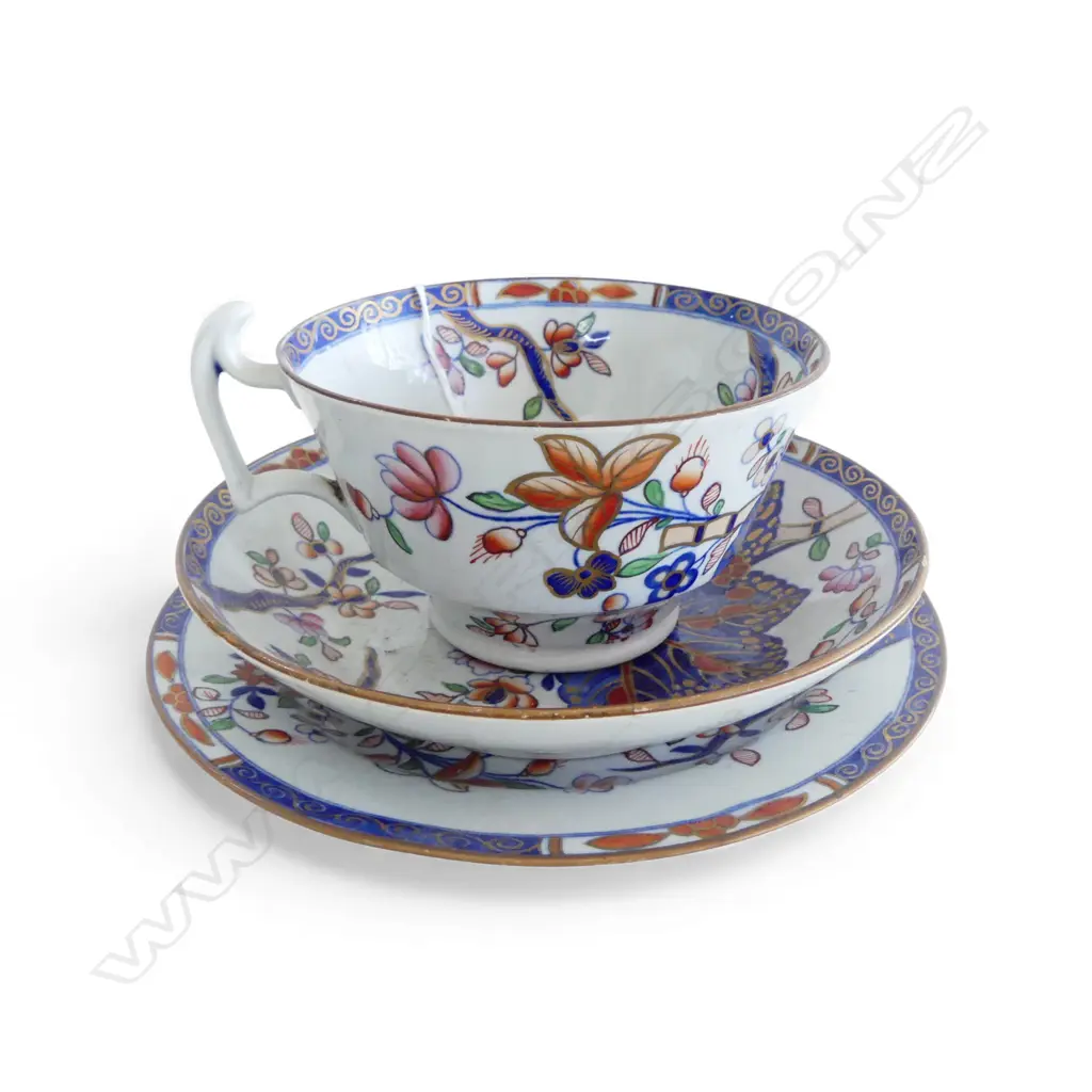 c1805 SPODE 'NEW STONE' IMARI STYLE TRIO. Large cup, saucer & plate. Small hairline. Image 1++