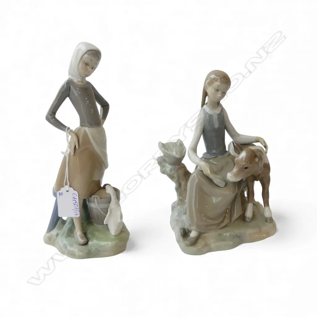 2 LLADRO FIGURINES; GIRL w. CALF (1 EAR MISSING) & GIRL w. GOOSE H.230mm Image 1++