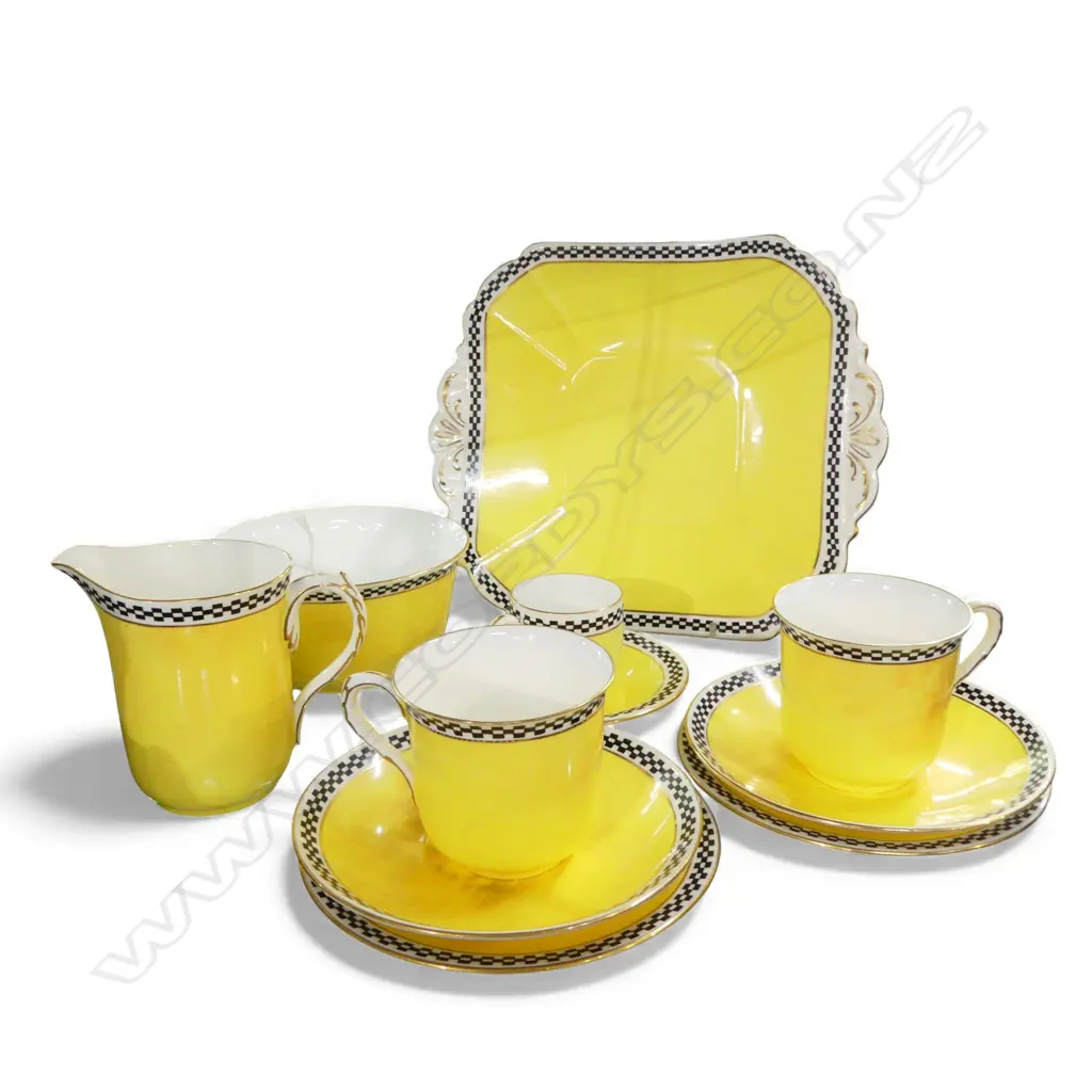 SHELLEY CHINA CAKE PLATE 2CSPS C/SUGAR & MATCHING COFFEE CAN YELLOW CHEQUE PAT Image 1++