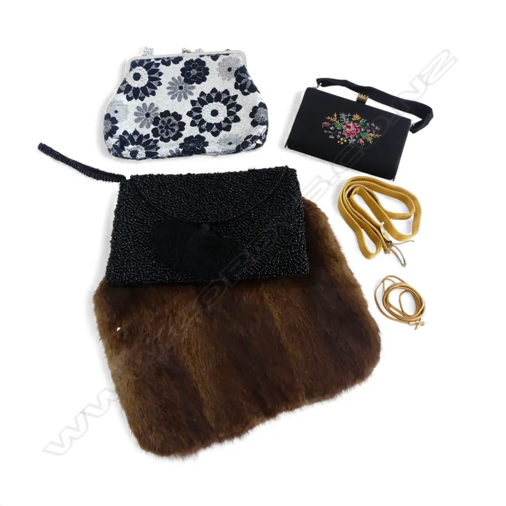 3 VINATGE HANDBAGS + WEST GERMAN GILT BELT + RABBIT FUR MUFF Image 1++