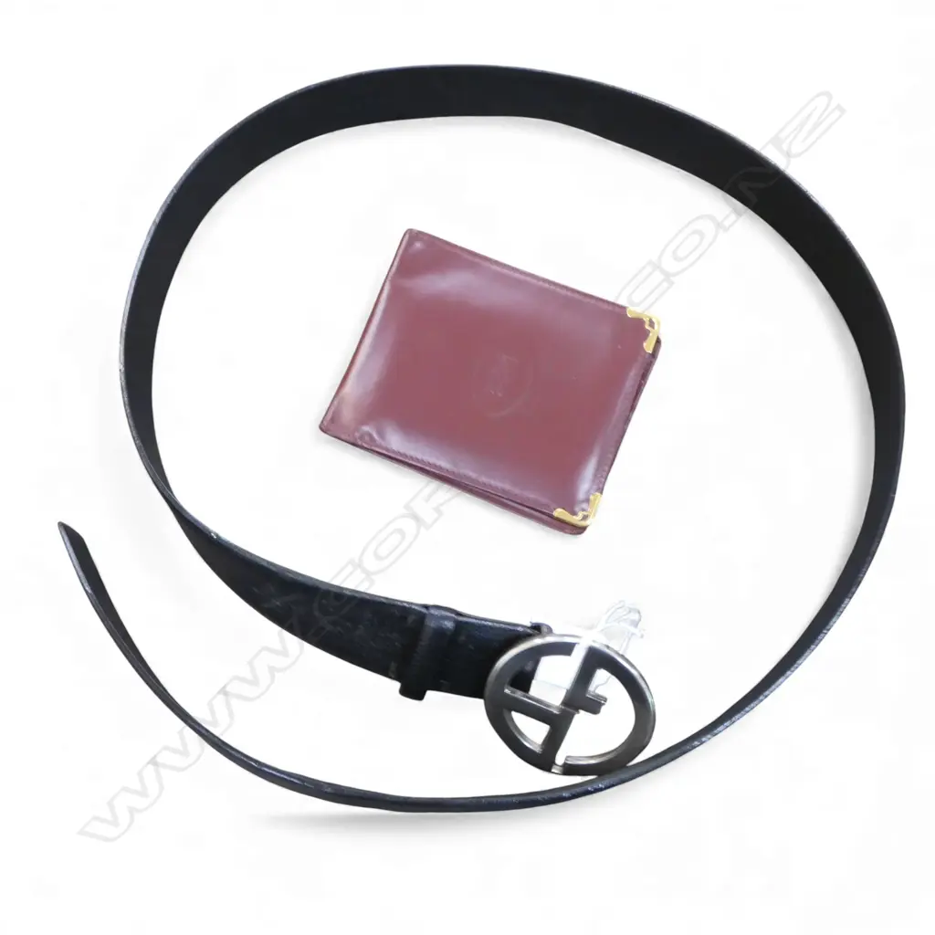 GEORGIO ARMANI BLACK LEATHER BELT 99/39 (95-1040mm) + CARTIER RED LEATHER WALLET Image 1++