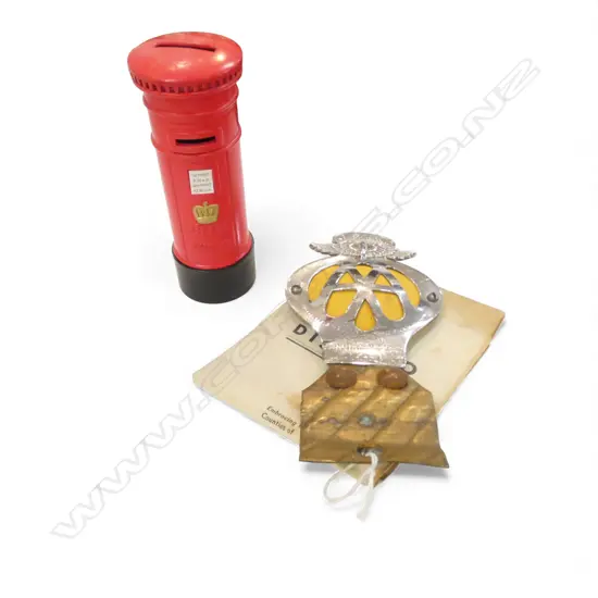 N.Z. AA BADGE, MOTORIST'S MAP OF WAIKATO DISTRICT + ER II MONEY BOX