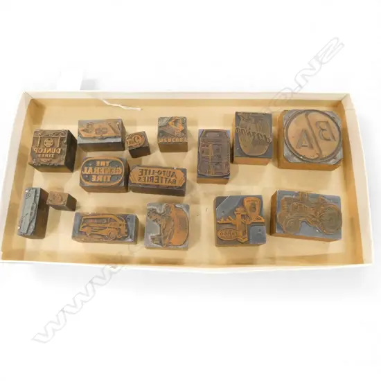 COLLECTION 15 VINTAGE COPPER + OTHER PRINTERS BLOCKS: tractor + bus + 'Dunlop' tyre + Fargo Chrysler etc