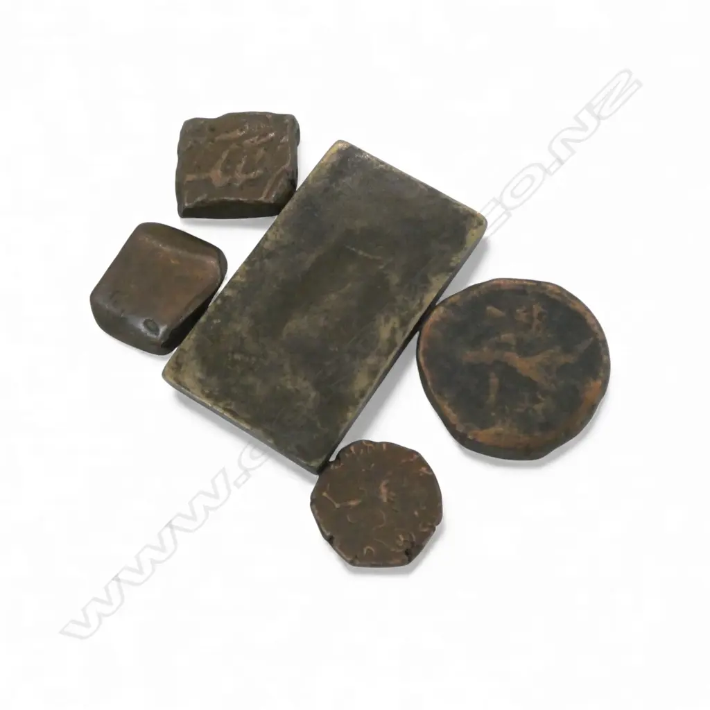 4 OLD BRONZE COINS + Middle Eastern die / stamp of tablet form Image 1++
