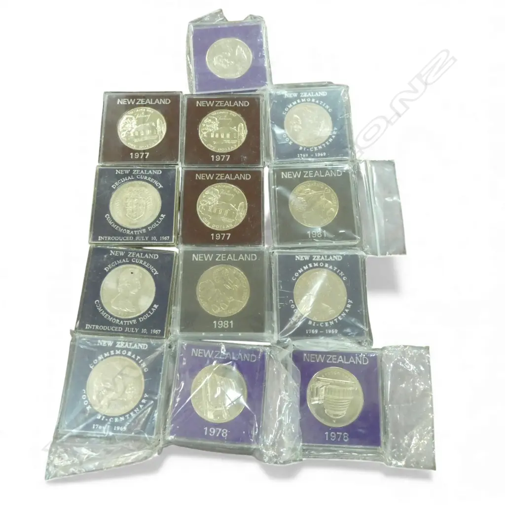 13 NZ UNC DOLLAR COINS in plastic cases 1970's & 80's Image 1++