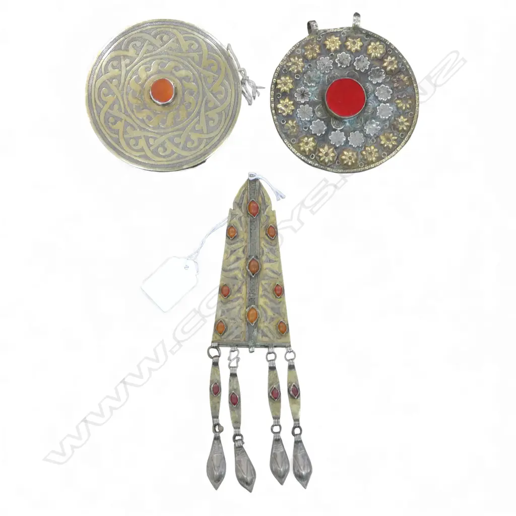 3 VINTAGE TURKOMEN PENDANTS 210x60mm, 105 / 100mm dia Image 1++