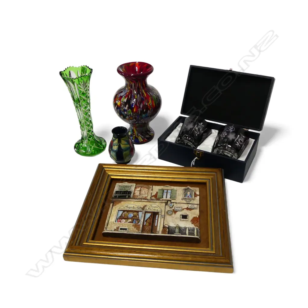 2 GLASS VASES H.230mm, 2 ELBE CRYSTAL TUMBLERS (BOXED), MOORCROFT VASE H.95mm, ITALIAN ARTWORK Image 1++