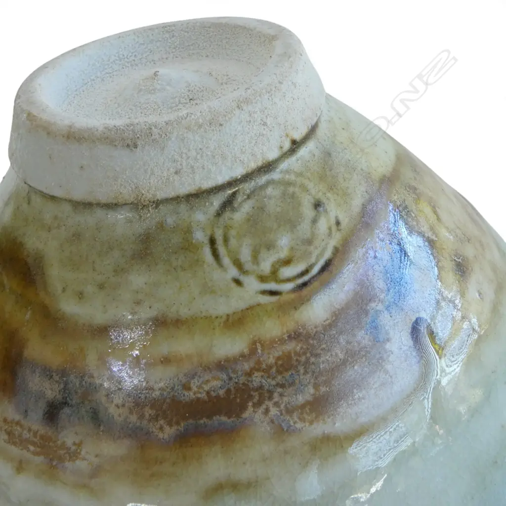 DENIS O'CONNOR N.Z. STUDIO POTTERY BOWL pale blue/green glaze, wide brown band glazed rim Dia.200mm Image 1++