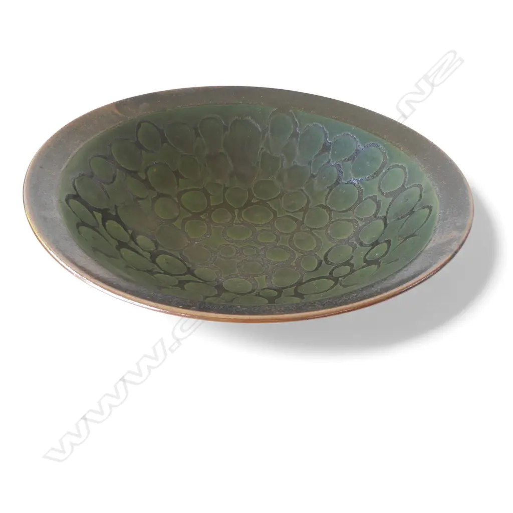 Graeme Storm large bowl - wax resist green glaze patterned decoration on iron glaze ground. Impressed potter's mark. Dia.375mm. Image 1++